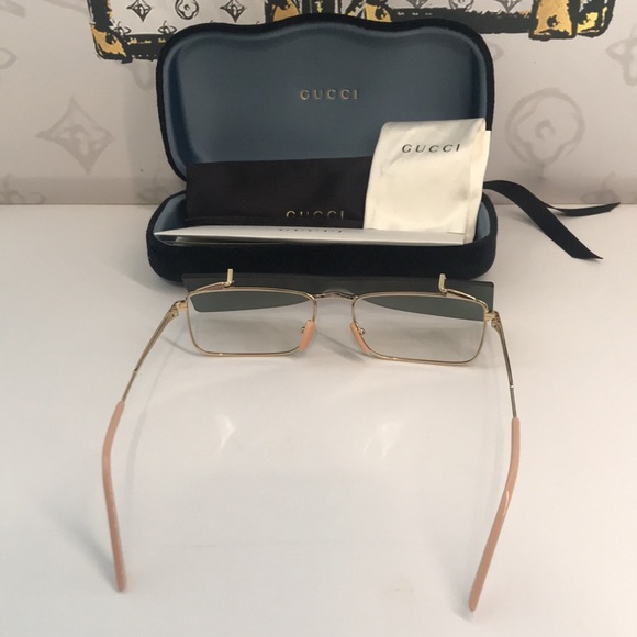 New Authentic Gucci GG0363S 001 Gold Flip-Up Rectangular Sunglasses Green Lenses main image 12